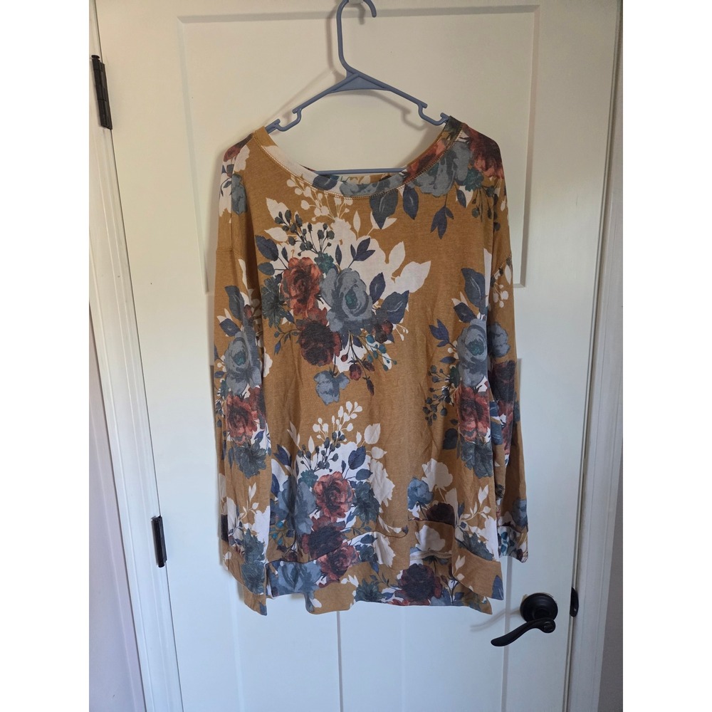 Glitzy Girlz Floral Long Sleeve Top Mustard Yellow Blue XL T24157-601FTX